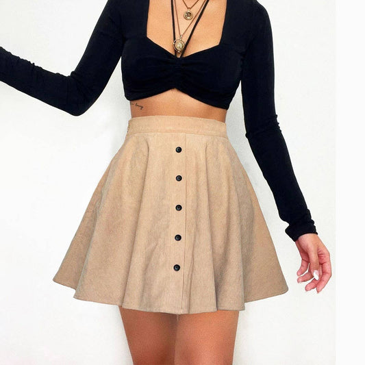 SOLID COLOR CORDUROY SKIRT HIGH WAIST FULL SKIRT_CWBSS0376