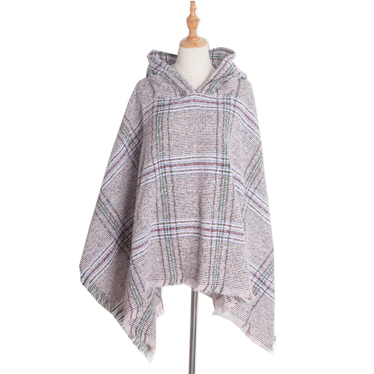CIRCLE YARN FUR LARGE PLAID HOODED CAPE SHAWL