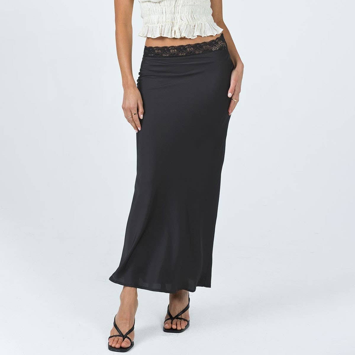 LACE WAIST SATIN SKIRT ELASTIC HIP LONG SKIRT