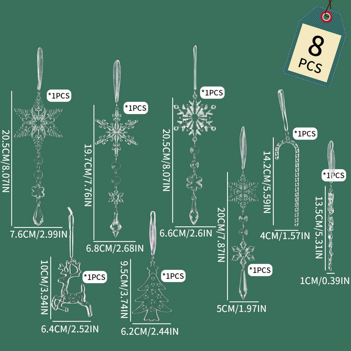 CWMM10178_ACRYLIC CHRISTMAS SNOWFLAKE REINDEER ORNAMENTS SET