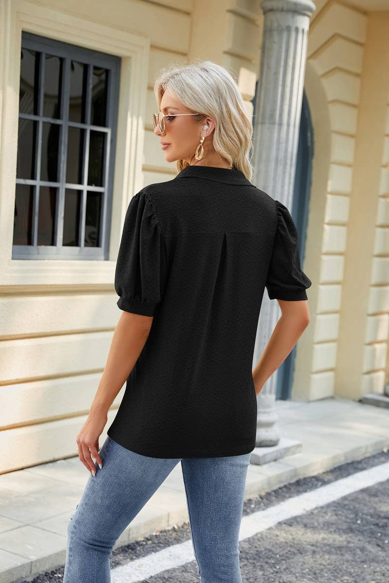 LAPEL SOLID COLOR PUFFY SLEEVE LOOSE T SHIRT_CWTSTS0281