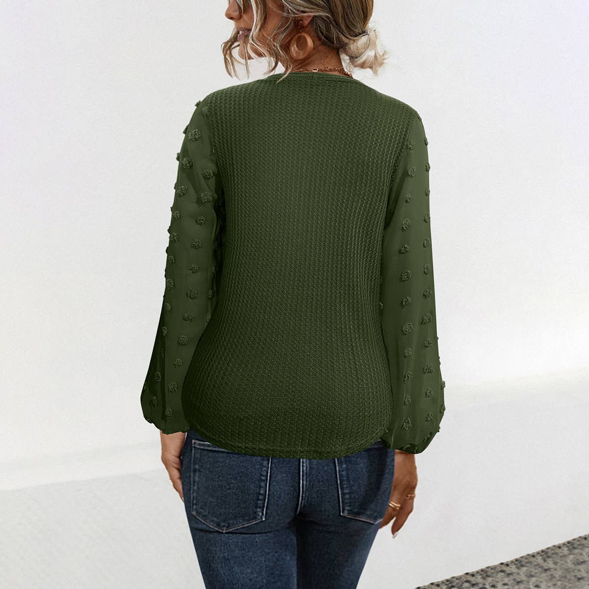 V-NECK KNOTTED JACQUARD PATCHWORK SLEEVE SWEATER