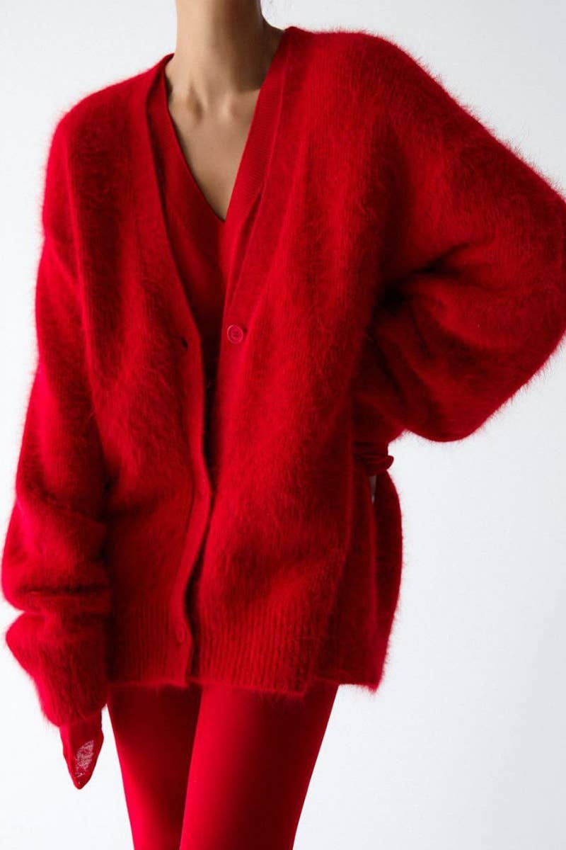 CWOCAL1100_KNITTED MINK LONG-SLEEVED V-NECK CARDIGAN