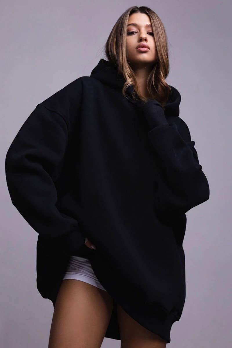 CWOHOL0661_SOLID COLOR LOOSE HOODED LONG-SLEEVED HOODIE