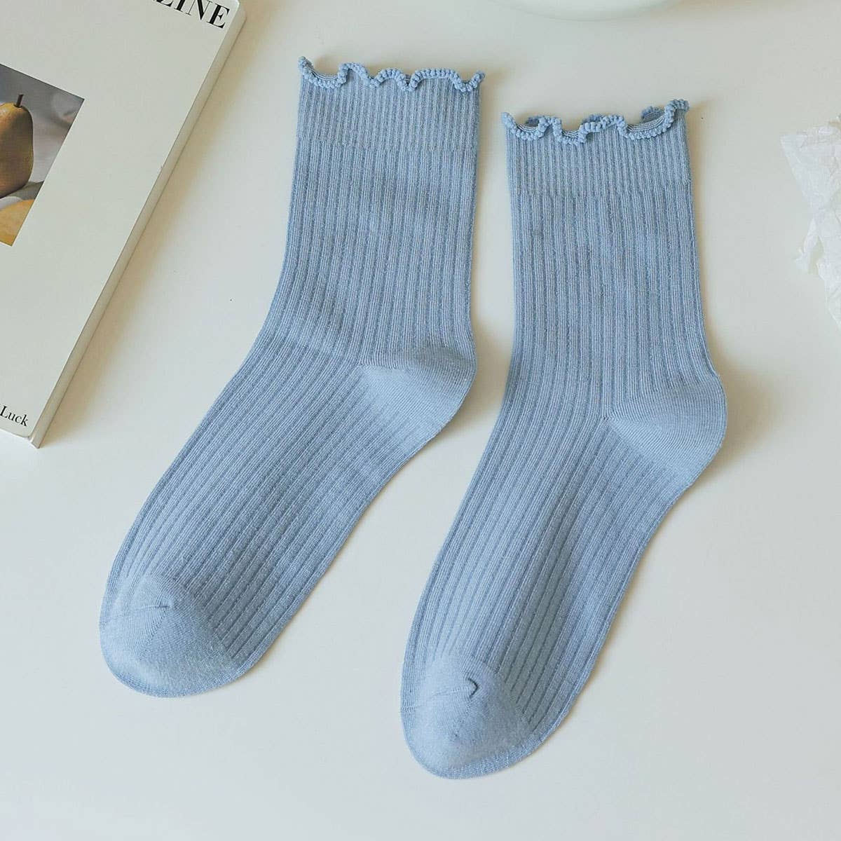 Ruffle Solid Crew Socks for Womens
