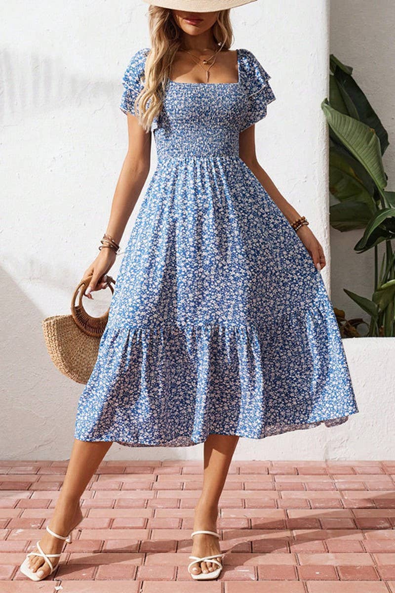 CWDMD5702_BOHEMIAN CASUAL HOLIDAY FLORAL SHORT-SLEEVED DRESS