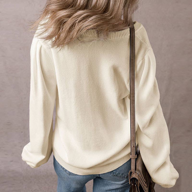 Solid-color cut-out V-neck cardigan
