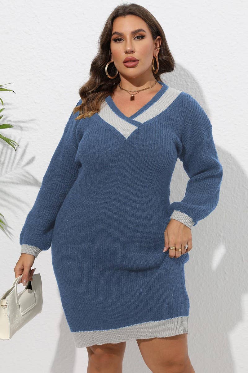 CWOSWL1592_PLUS Size V-Neck Long Sleeve Pullover Sweater