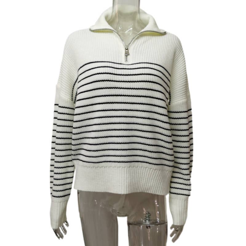 Simple striped lapel half-zipper sweater