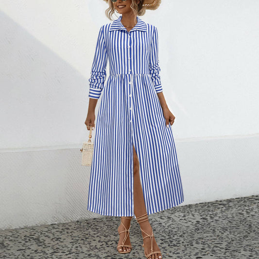 STRIPED SINGLE-BREASTED LONG DRESS