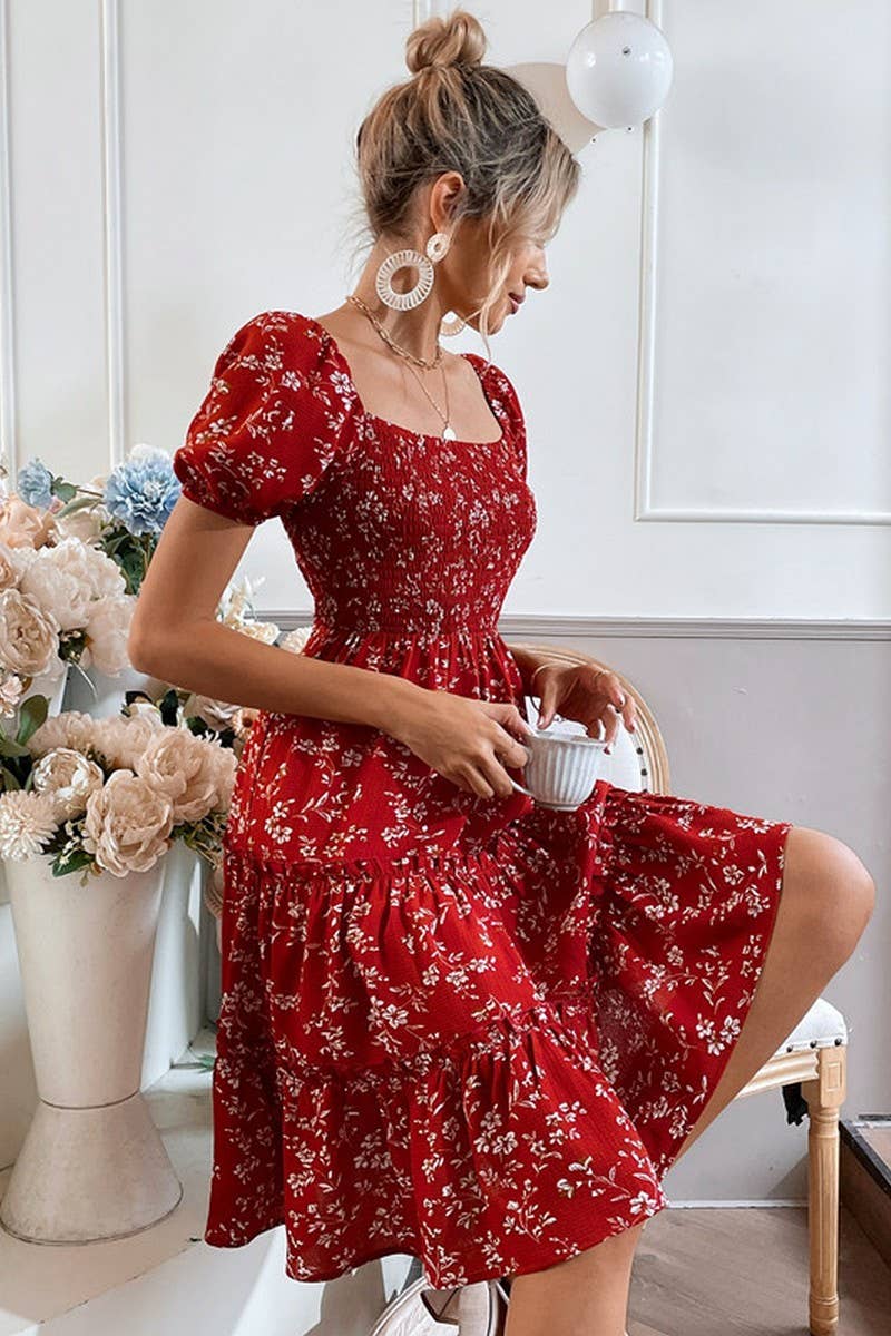 CWDSD8226_TEMPERAMENT PRINTED WAIST SHORT-SLEEVED DRESS