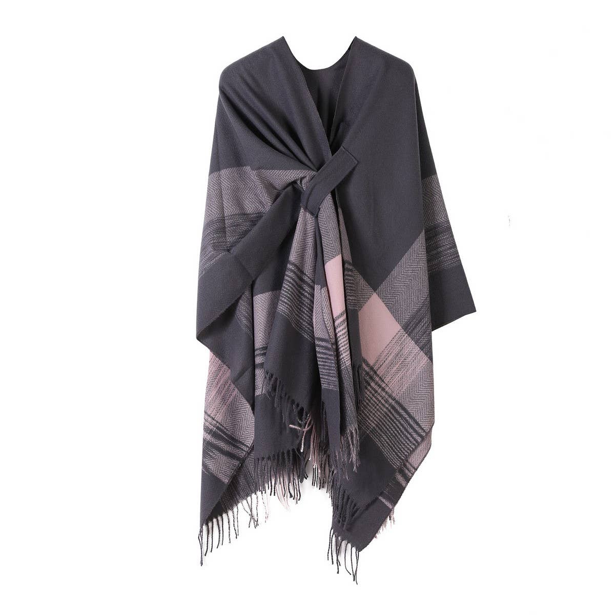 FRINGED CAPE FIXED TIE SHAWL FAUX CASHMERE SCARF