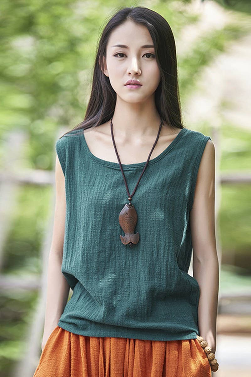 Cwtblsl0565_Loose Cotton And Linen Sleeveless Vest