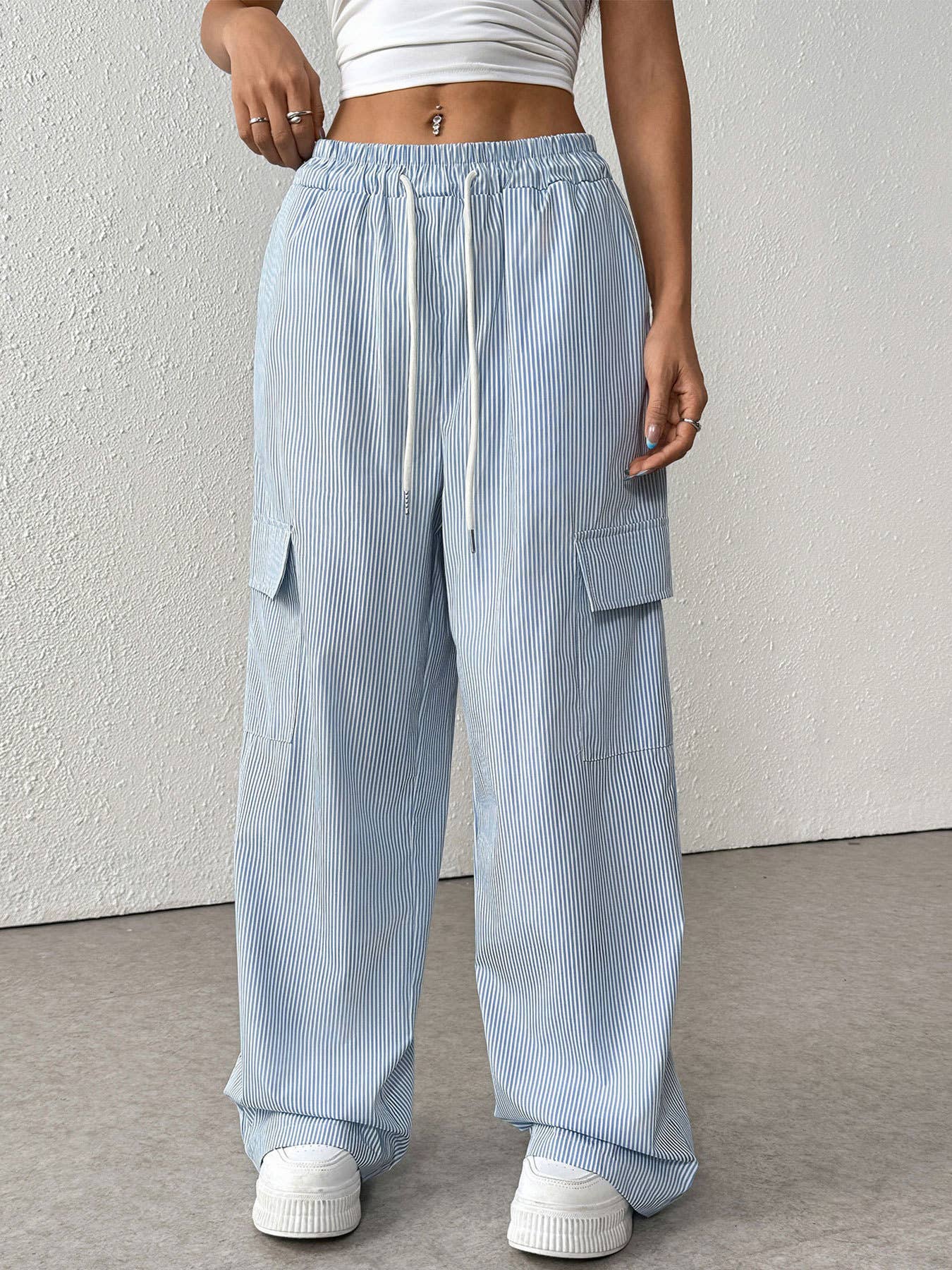 Versatile high-waisted striped wide-leg pants