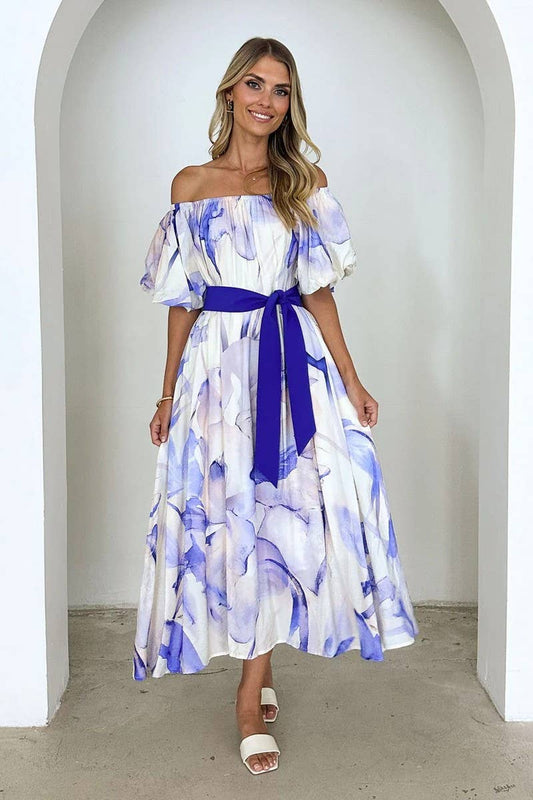 CWDMD5899_ELEGANT OFF-SHOULDER WAISTED PUFF SLEEVE DRESS