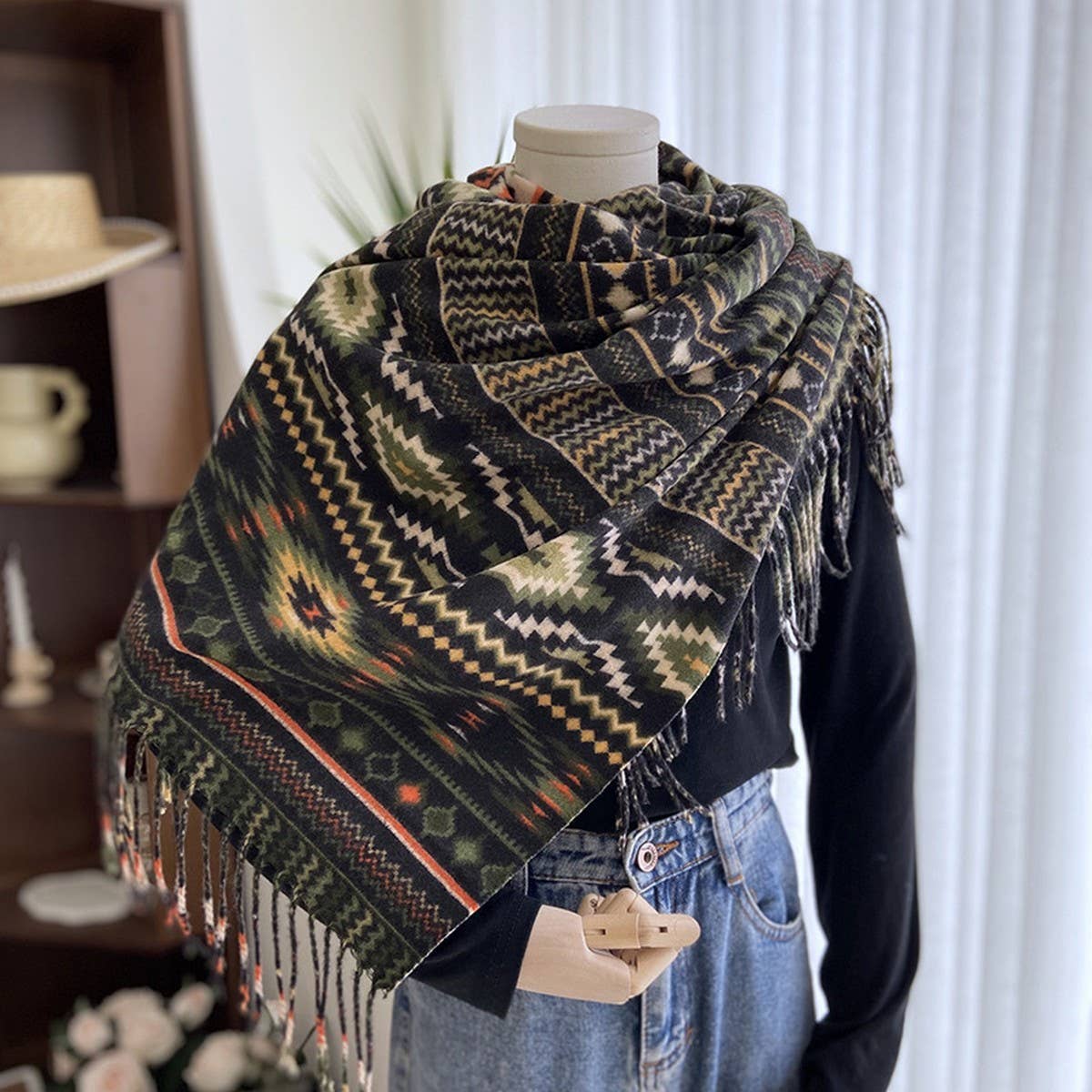 ETHNIC STYLE DOUBLE-SIDED PRINTED TASSEL SCARF