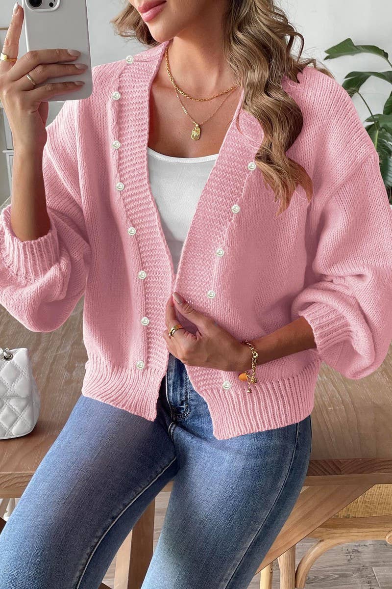 CWOSWL07334_WOMEN PEARL BEADED OPEN FRONT KNIT CARDIGAN