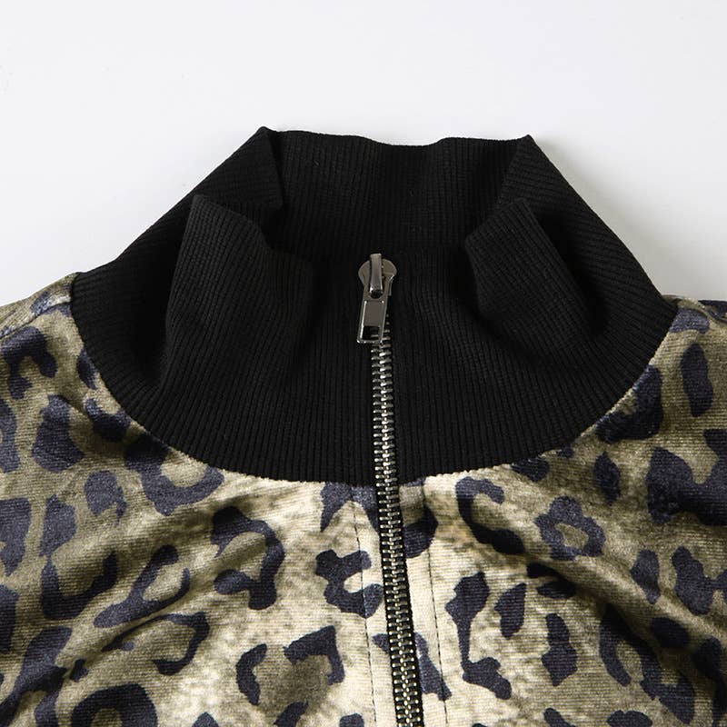 TURTLENECK RIBBED PATCHWORK LEOPARD VELVET JACKET