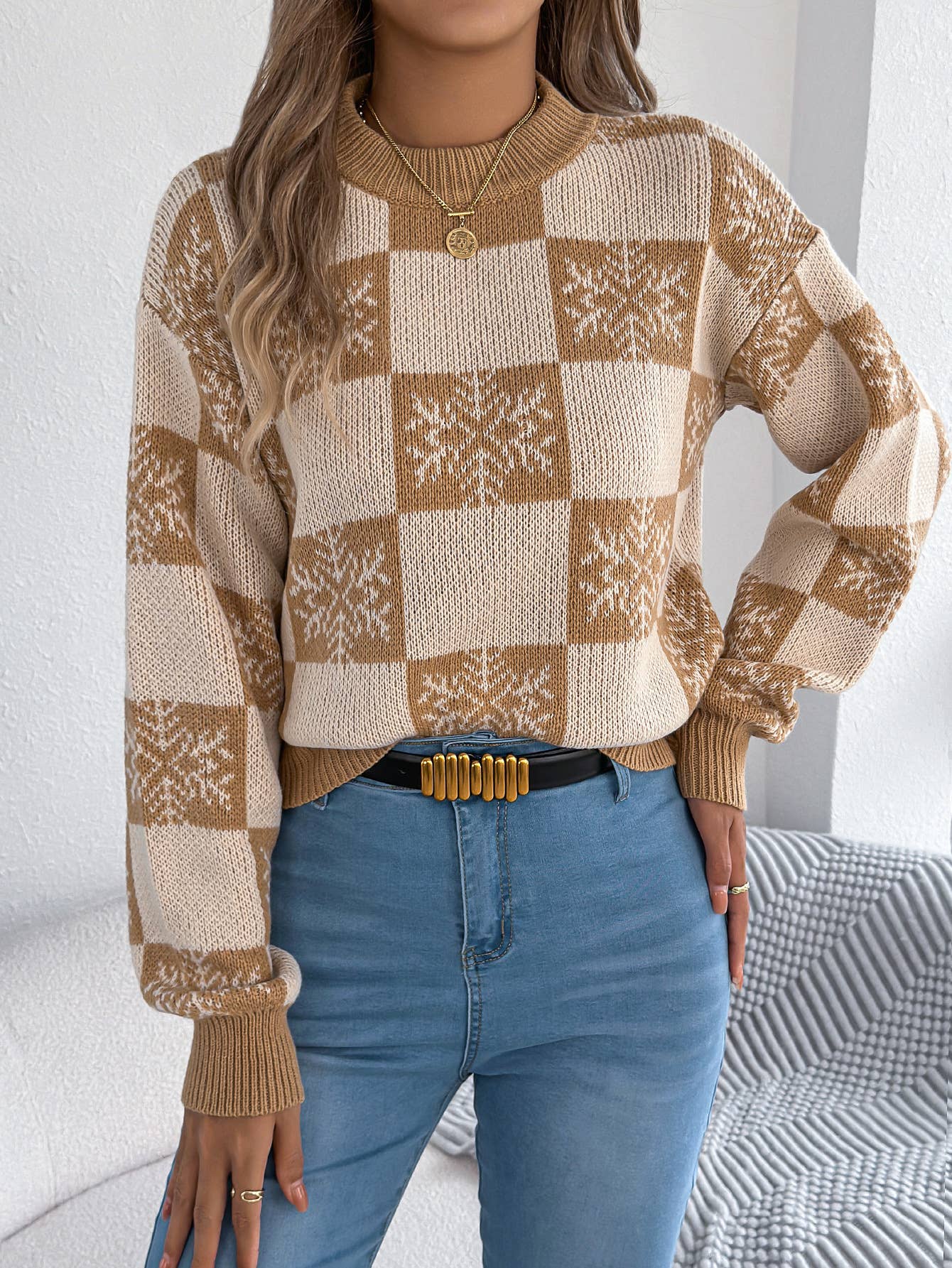 Snowflake checkered lantern long-sleeved sweater