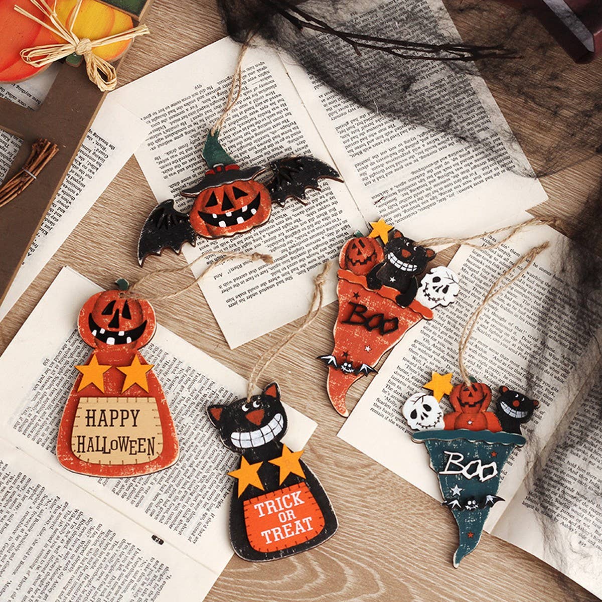 Ins-Style Painted Pumpkin & Bat Wood Hanging_CWAJE05361