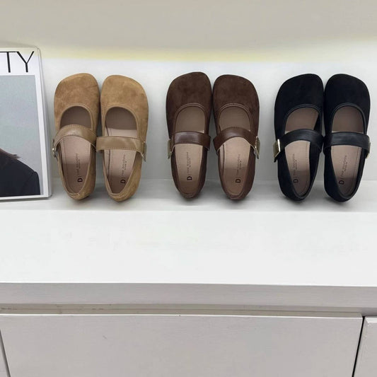 Flat Suede Mary Janes with Metal Buckle