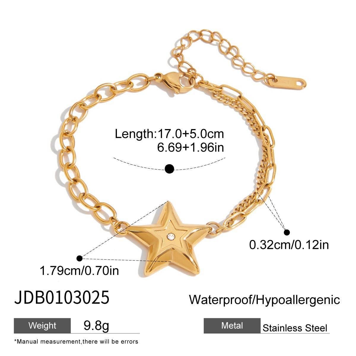 Designer 18K Gold Star Bracelet with White Zircon