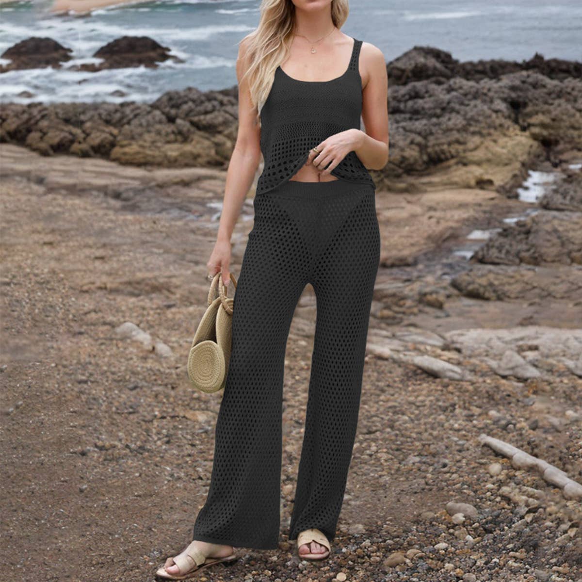 Short beach vest cutout pants solid color suit