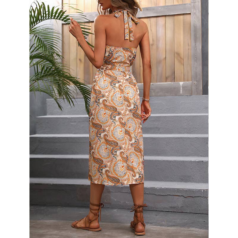 Round neck halter sexy print lace-up waist dress