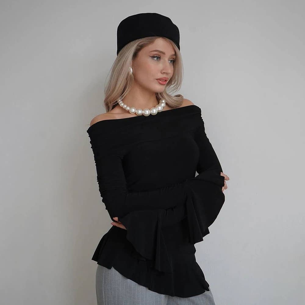 Solid color long-sleeved ruffled slim T-shirt