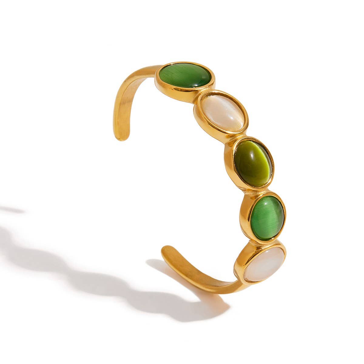 Luxury 18K Gold Green & White Cat's Eye Cuff