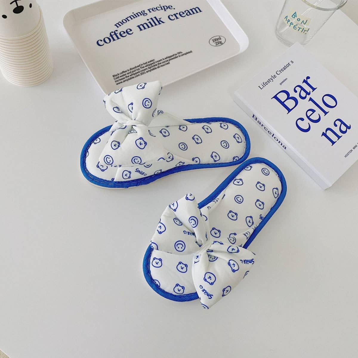 KLEIN BLUE SMILEY BEAR BOW SLIPPERS FOR WOMEN
