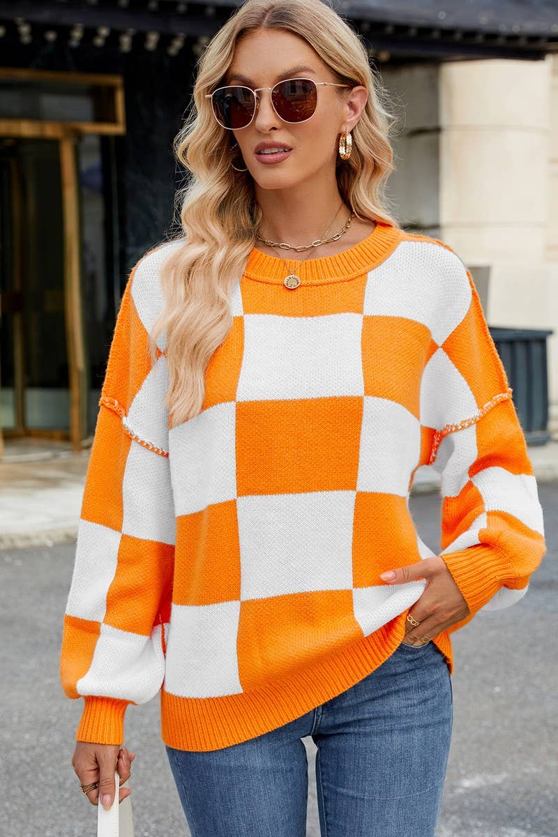 CWOSWL07726_LOOSE CASUAL PLAID COLORBLOCK SWEATER