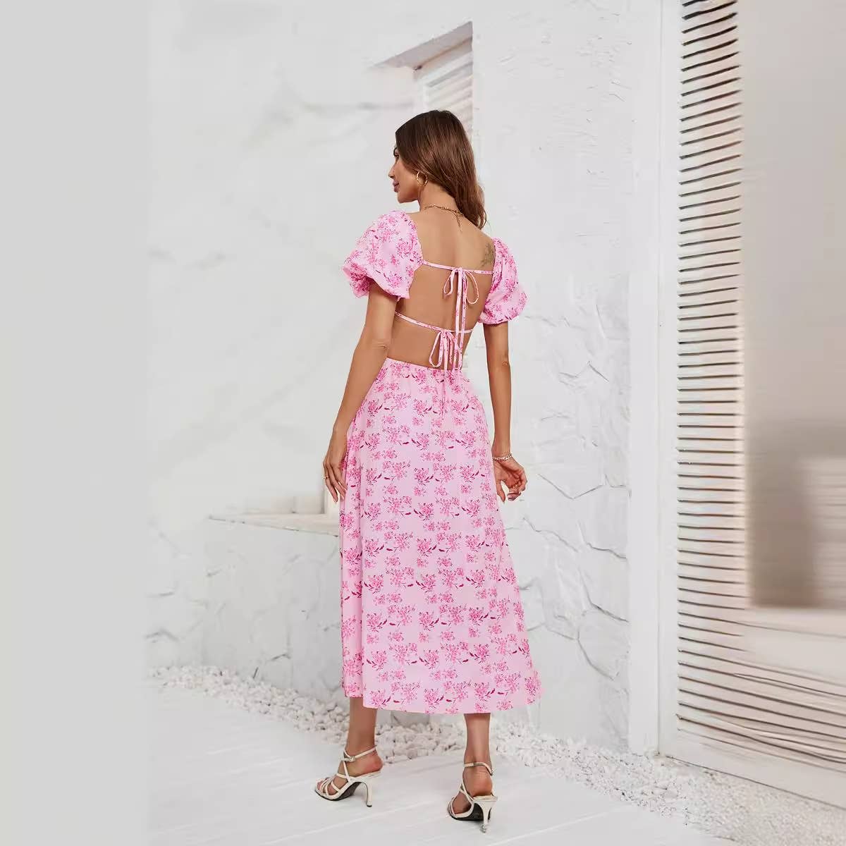 PRINTED SQUARE COLLAR LACE-UP DRESS