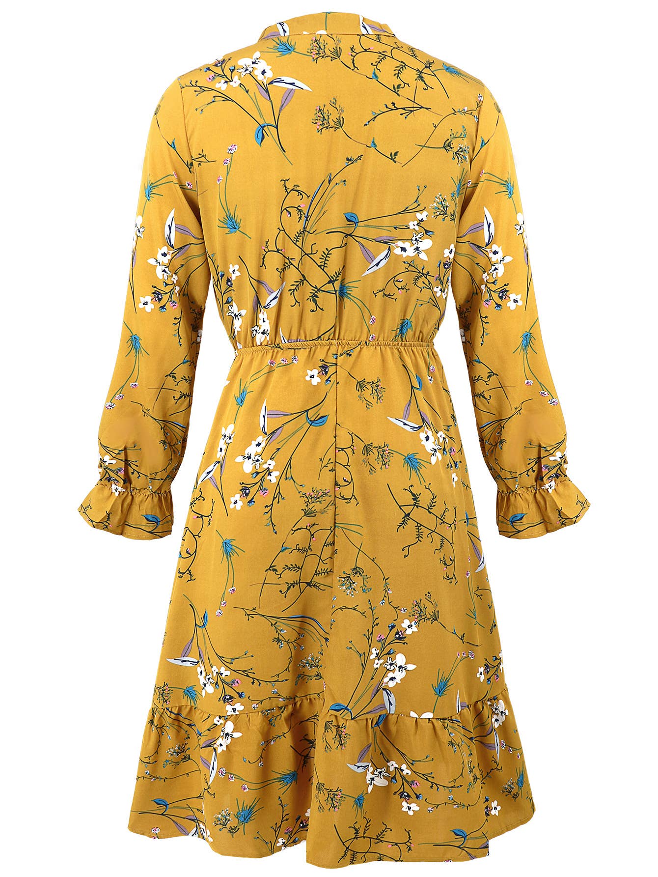 Waist-Cinched Floral Ruffle Bell Sleeve Dress