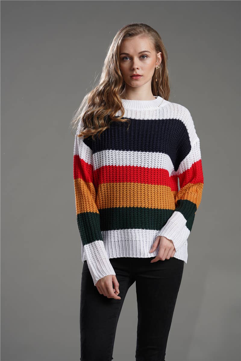 WOMEN'S LOOSE RAINBOW PATCHWORK PULLOVER SWEATER