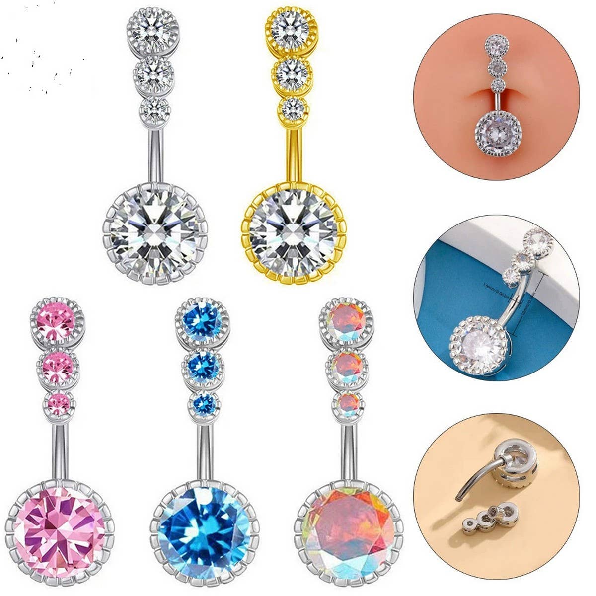 3 Gem CZ Belly Ring ??Surgical Steel Piercing_CWMM9174