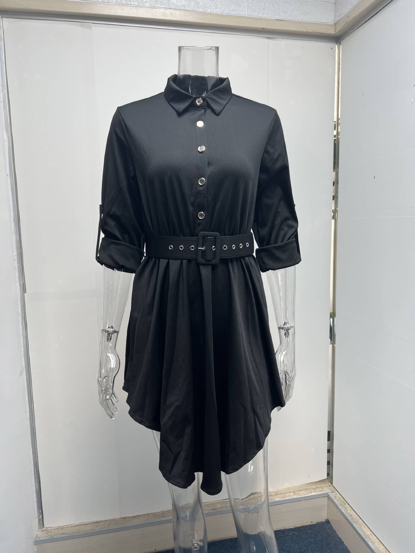Rolled-up sleeves cinched waist shirt dress