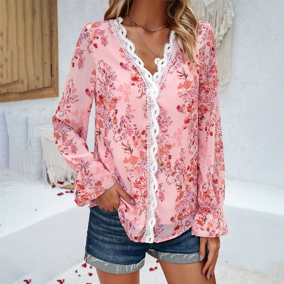 Temperament casual printed long sleeve V-neck shirt
