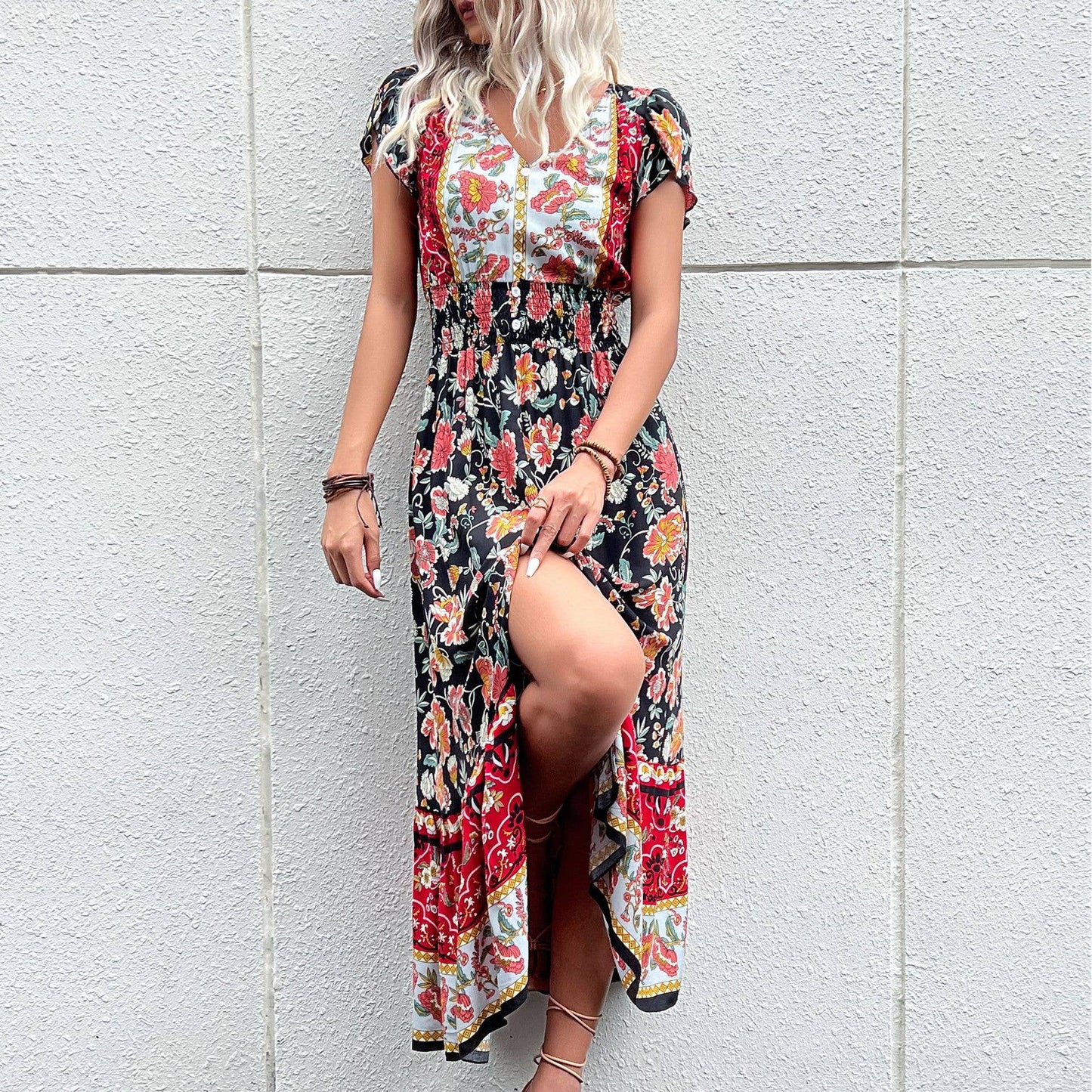 oho V Neck Split Hem Ethnic Print Dress