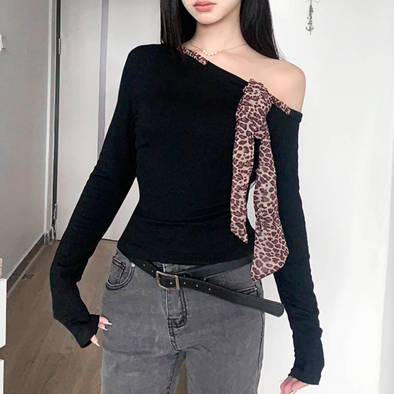 LEOPARD PRINT LACE-UP DIAGONAL SHOULDER T-SHIRT