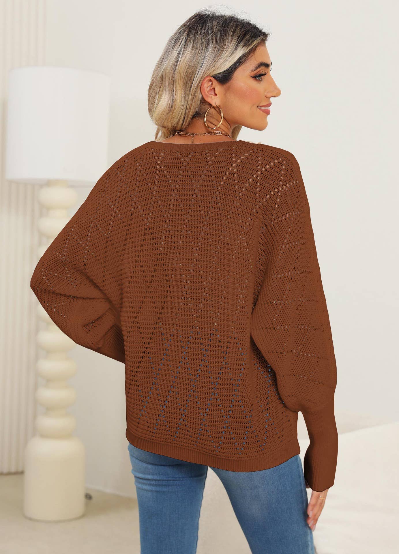 LACE V-NECK PATCHWORK BATSLEEVE SWEATER