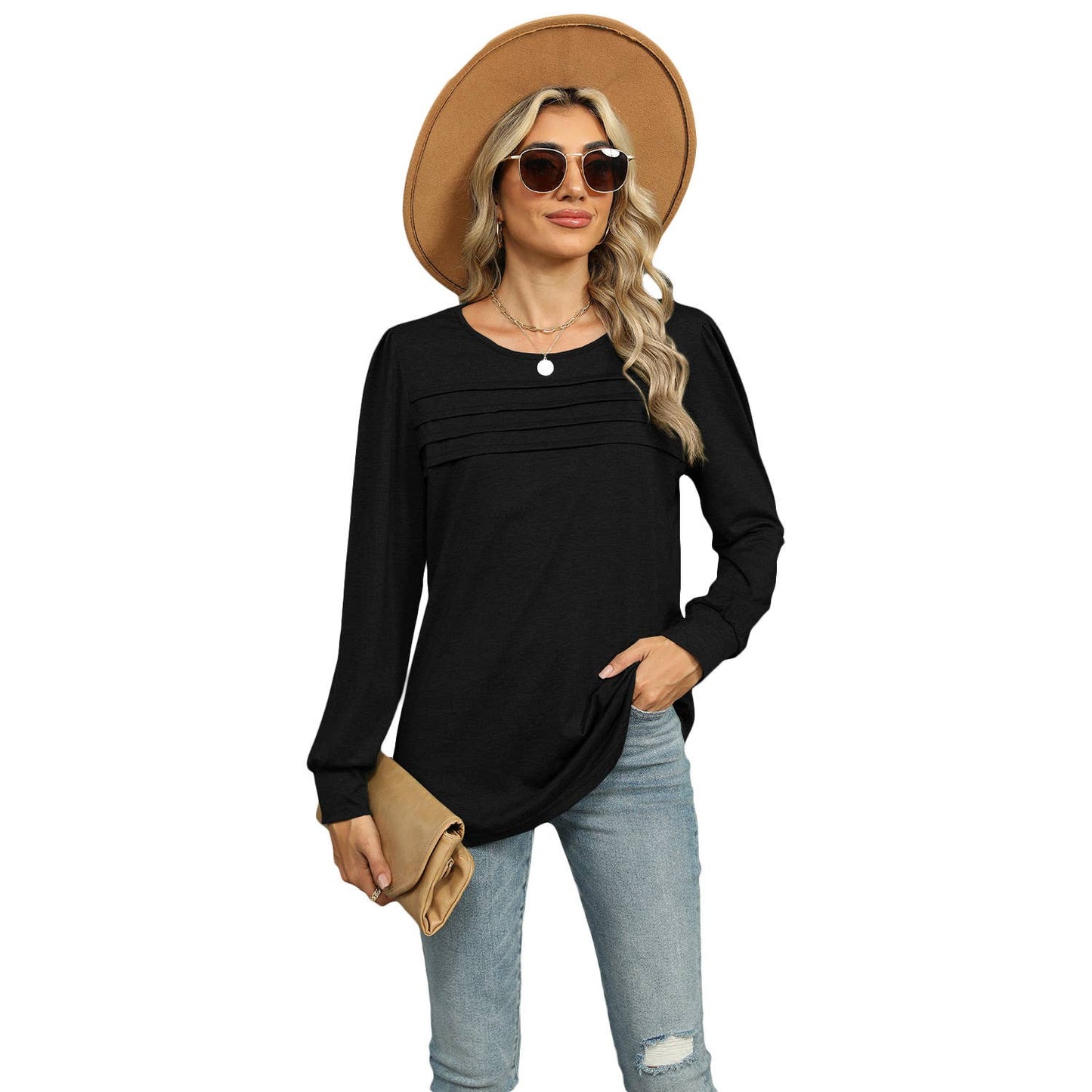 SOLID COLOR U-NECK PLEATED LONG SLEEVE T-SHIRT
