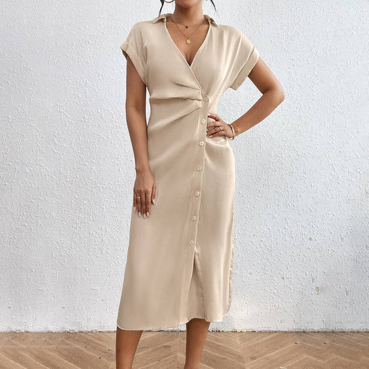 Slim polo neck v short-sleeved button-up dress