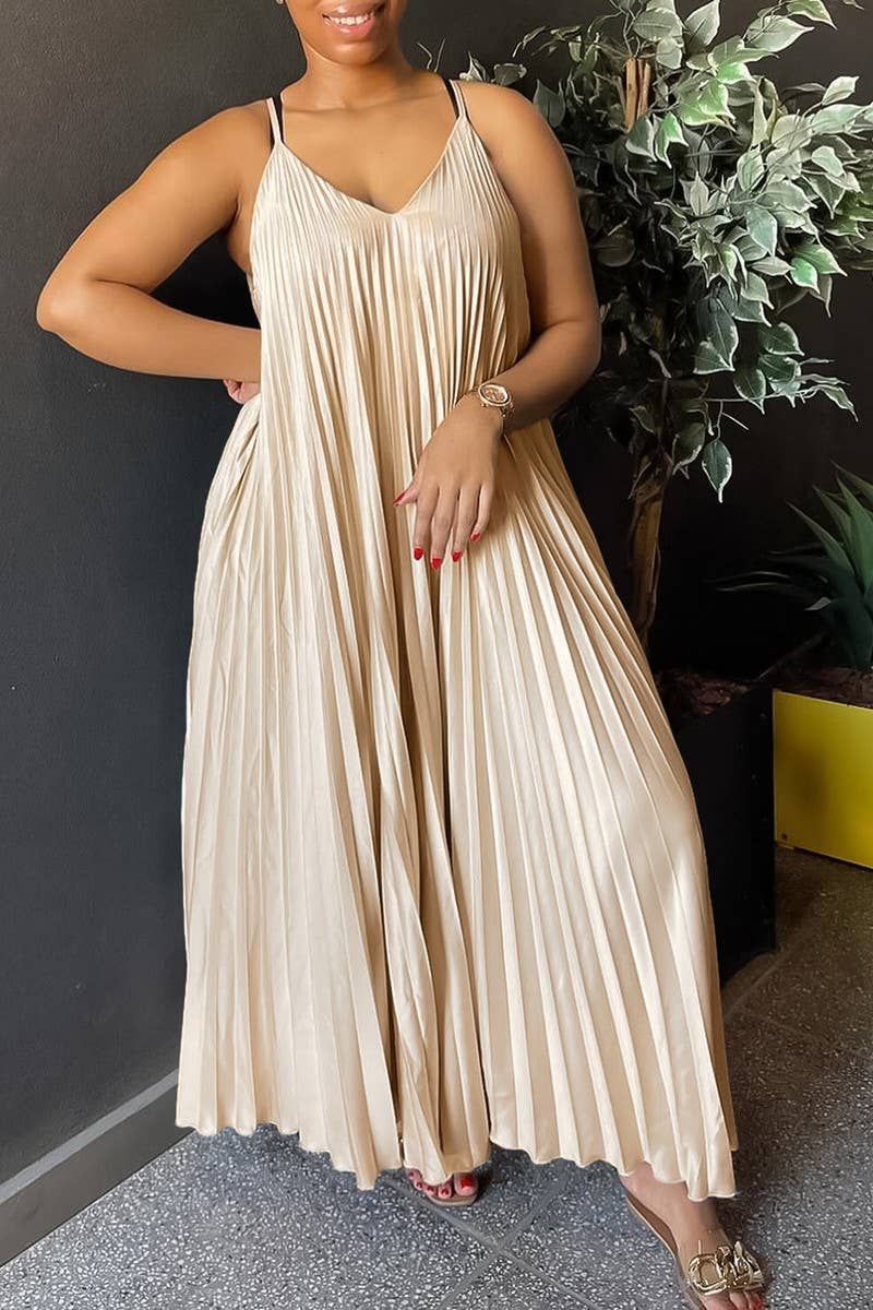 CWDMD1722_PLUS SIZE SLING PLEATED LONG DRESS