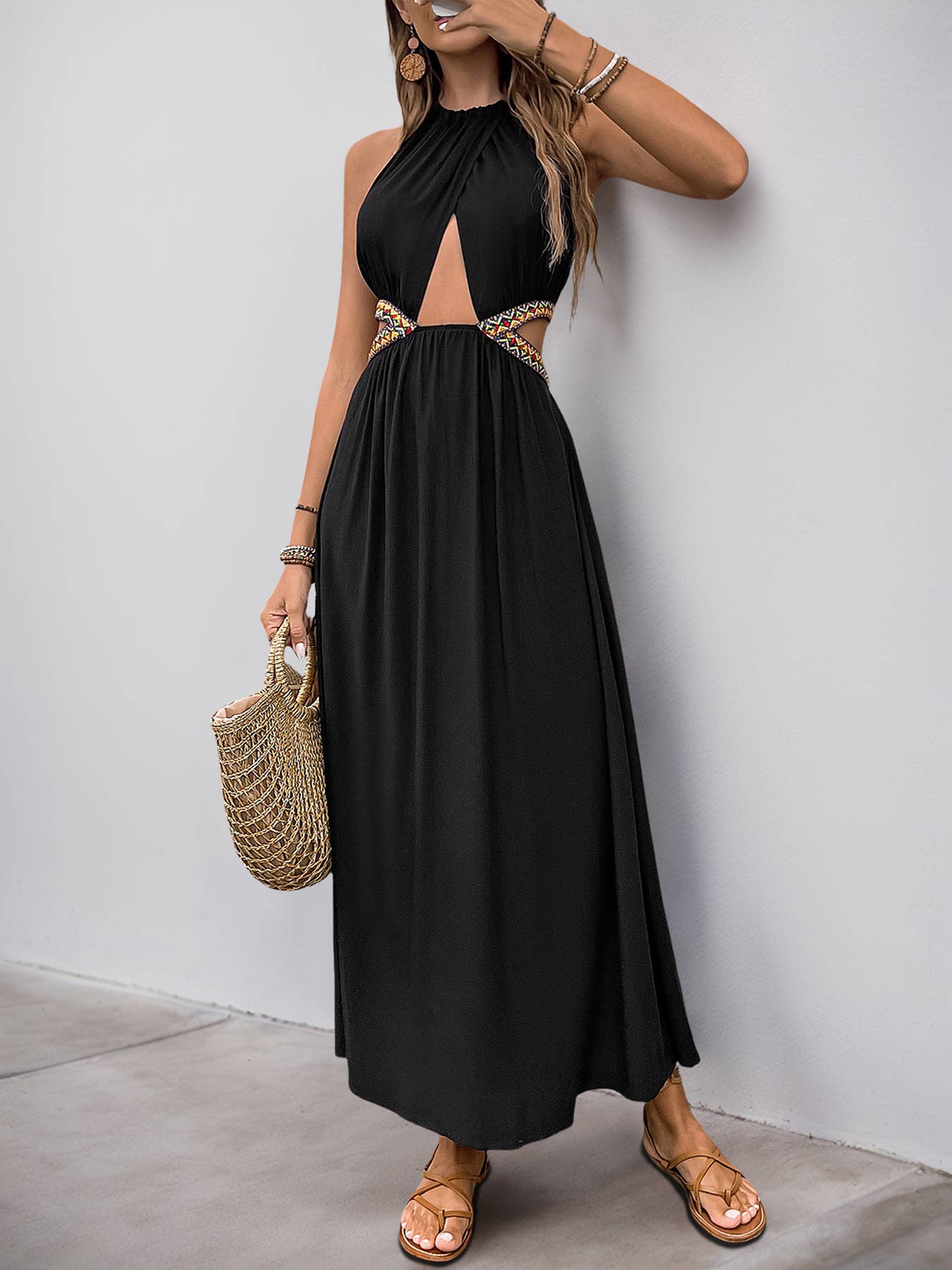 Hollow out halter sleeveless elegant resort dress
