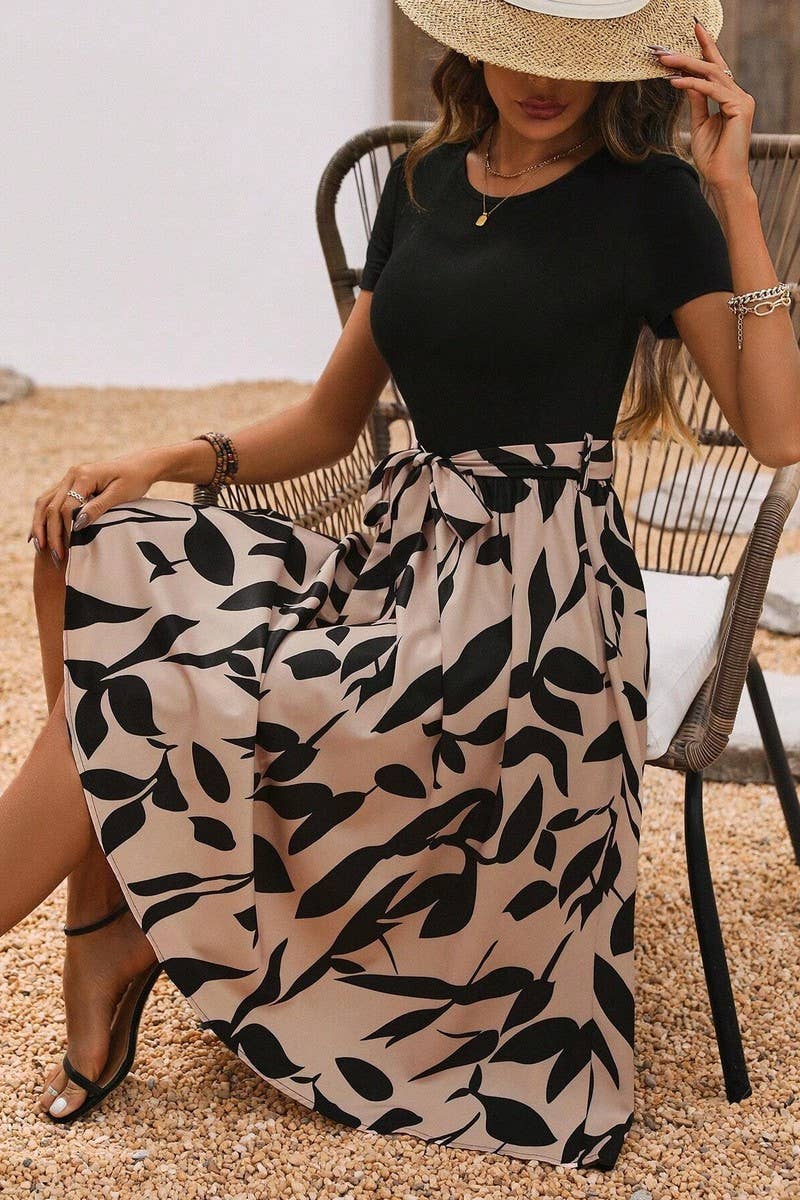 CWDMD4425_PRINTED PATCHWORK SHORT-SLEEVED DRESS