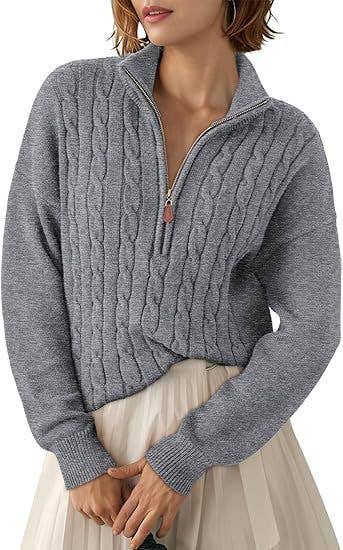 Semi-high neck zipper ribbed twist knit sweater