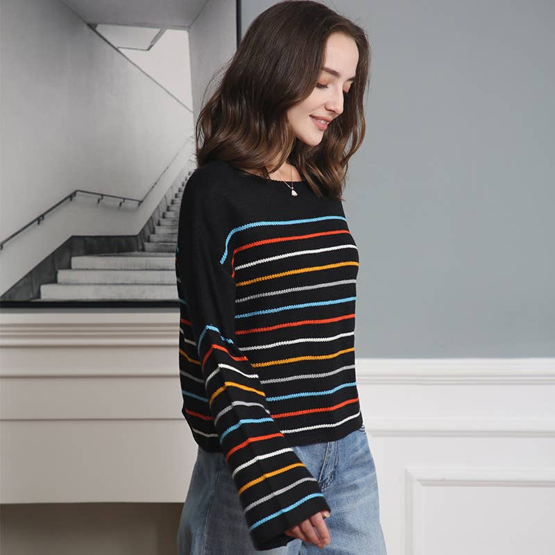 FASHION CASUAL STRIPED MATCHING COLOR SWEATER