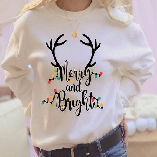 LADIES' CHRISTMAS LOOSE PRINTED CREW-NECK HOODIE