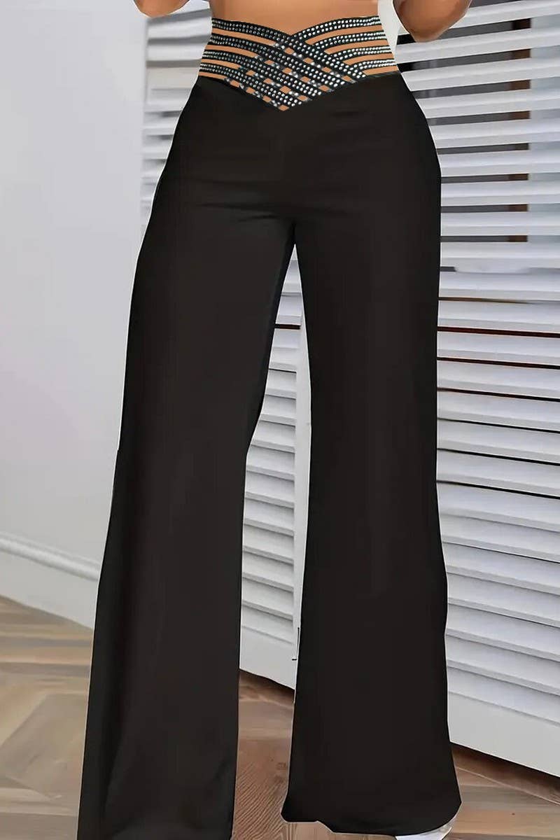 CWBLP1792_SOLID COLOR HOLLOW HOT DIAMOND WIDE-LEG TROUSERS